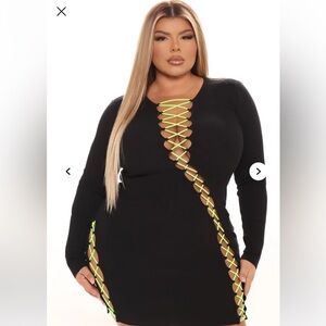 Black and Neon Green Lace-Up Long Sleeve Dress